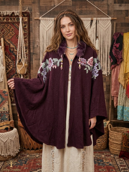 Dark Plum Hand Embroidered Fairytale Cape by Aratta One Size Fits a Small to 3X