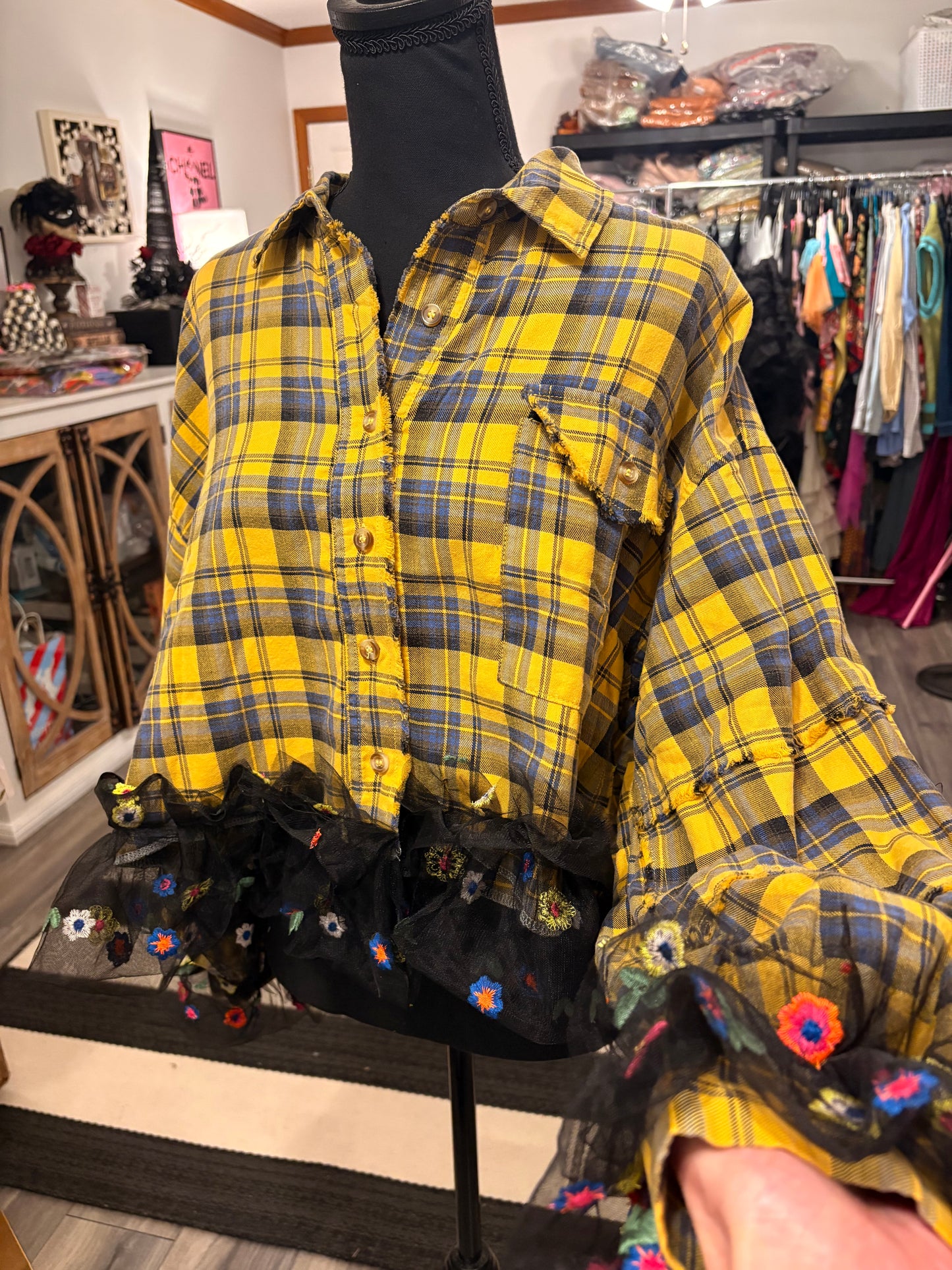 Marian Upcycled Oversized Frayed Flannel Tutu Top One Size Fits a Small to XXL