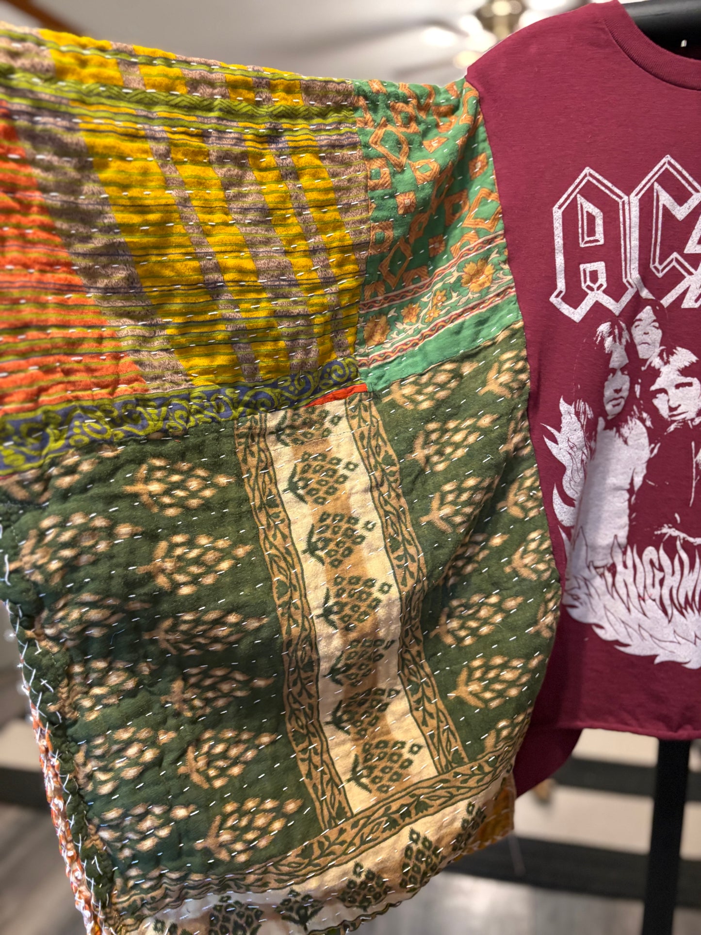 AC/DC Upcycled Vintage Kantha Poncho Tee Fits A Size Small to 3X
