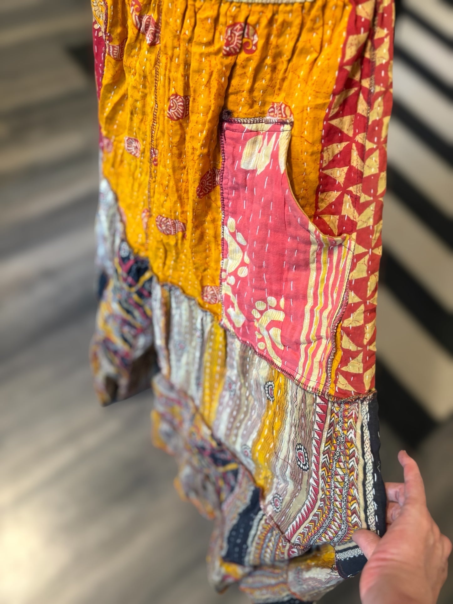 Corrin Kantha Flowy Tiered Reversible Palazzo Pant with Pockets: One Size Fits Size 6-16