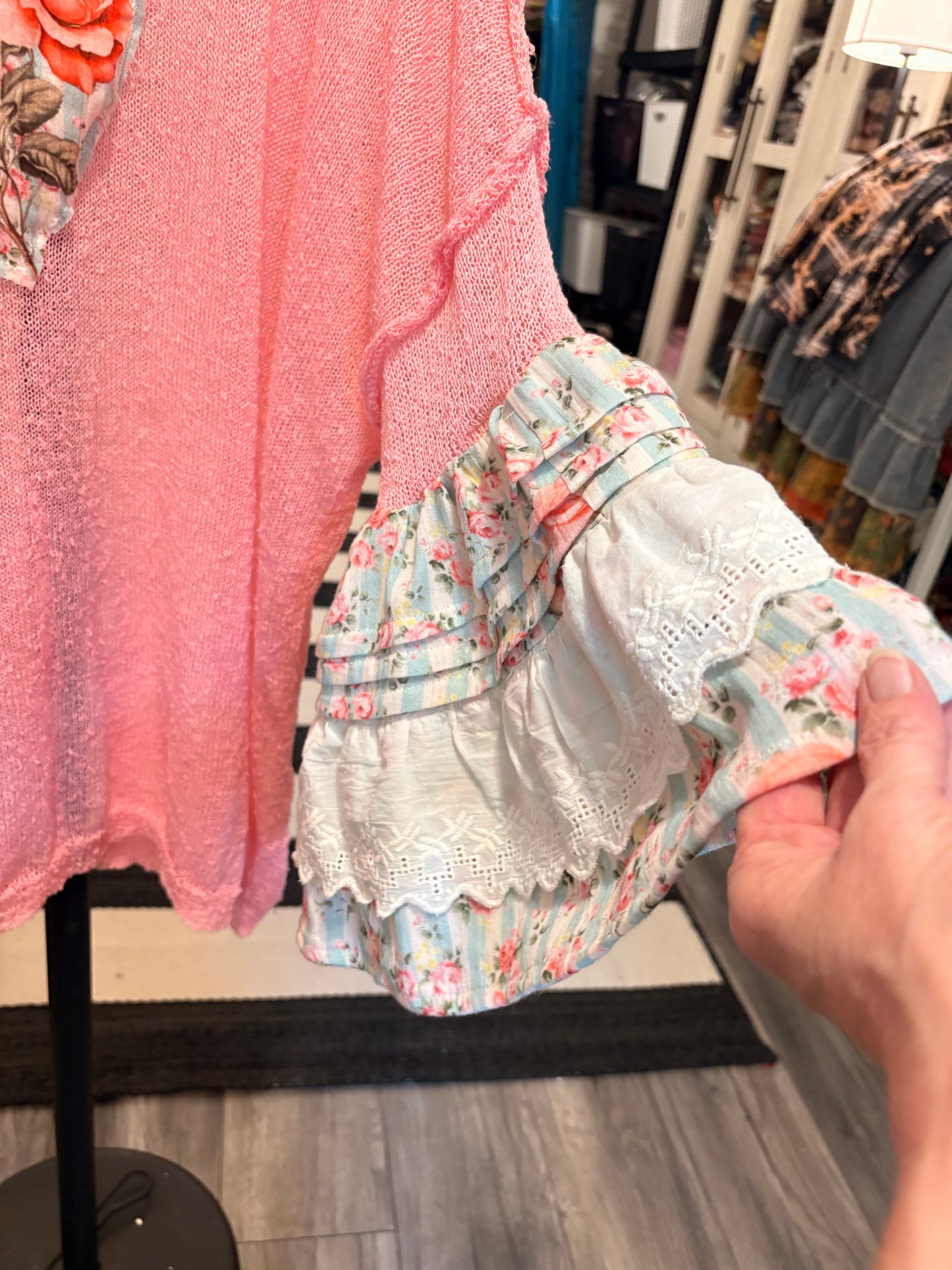 Lila Upcycled Mesh Ruffle Sleeve Sweater Fits a Small to 2X