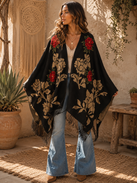 The Rose Hand Embroidered Poncho by Aratta One Size Fits a Small to 3X
