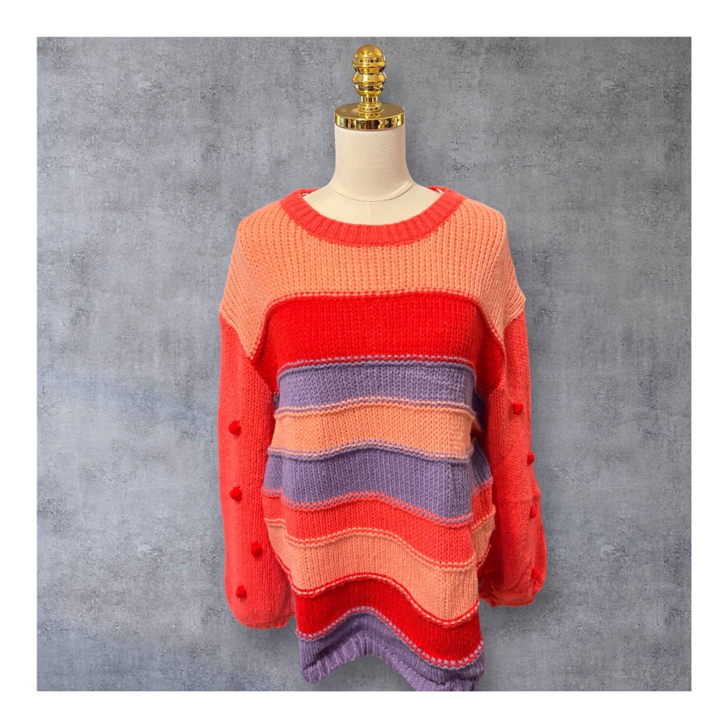 Red Striped Pom Pom Sleeve Sweater