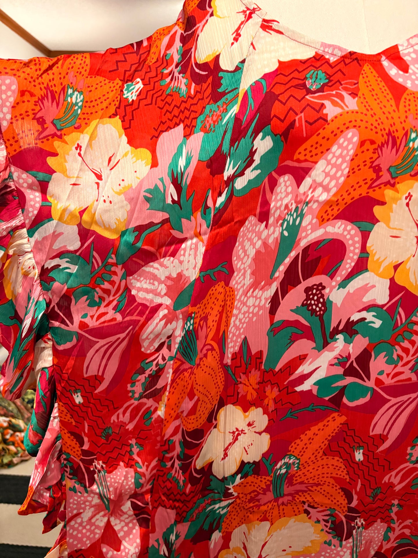 Red Tropical Ruffle Kaftan Large