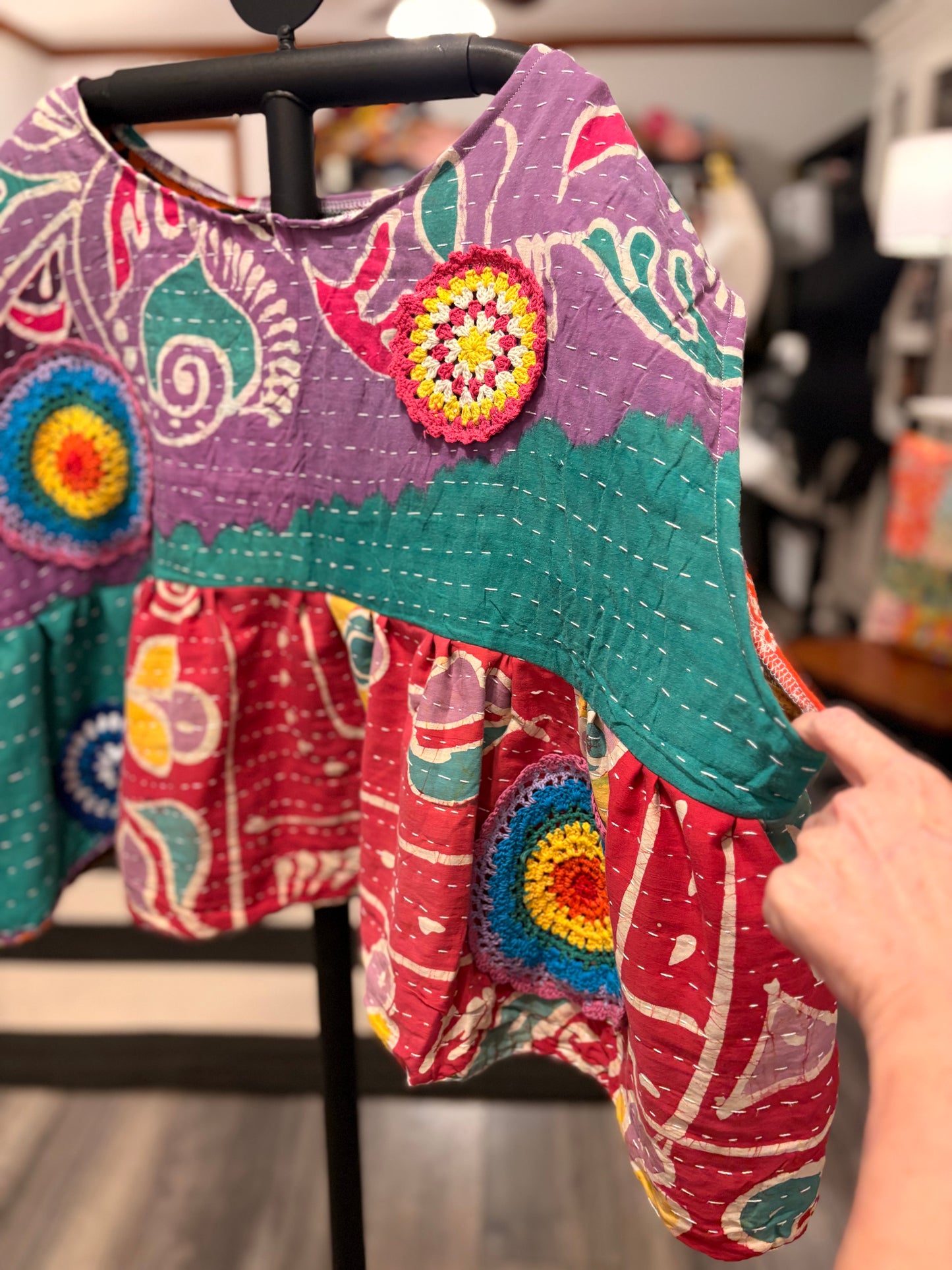 Hannah Vintage Kantha and Crochet Top One Size Fits a Small to XL