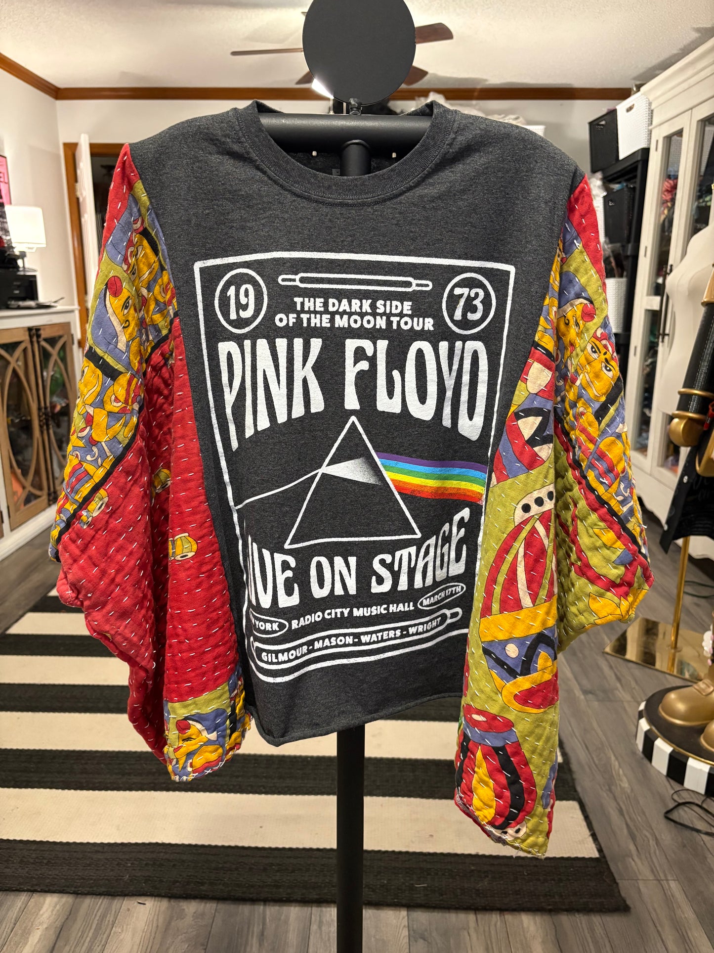 Pink Floyd Upcycled Vintage Kantha Quilt Poncho Tee One Size Fits a Large to 3X