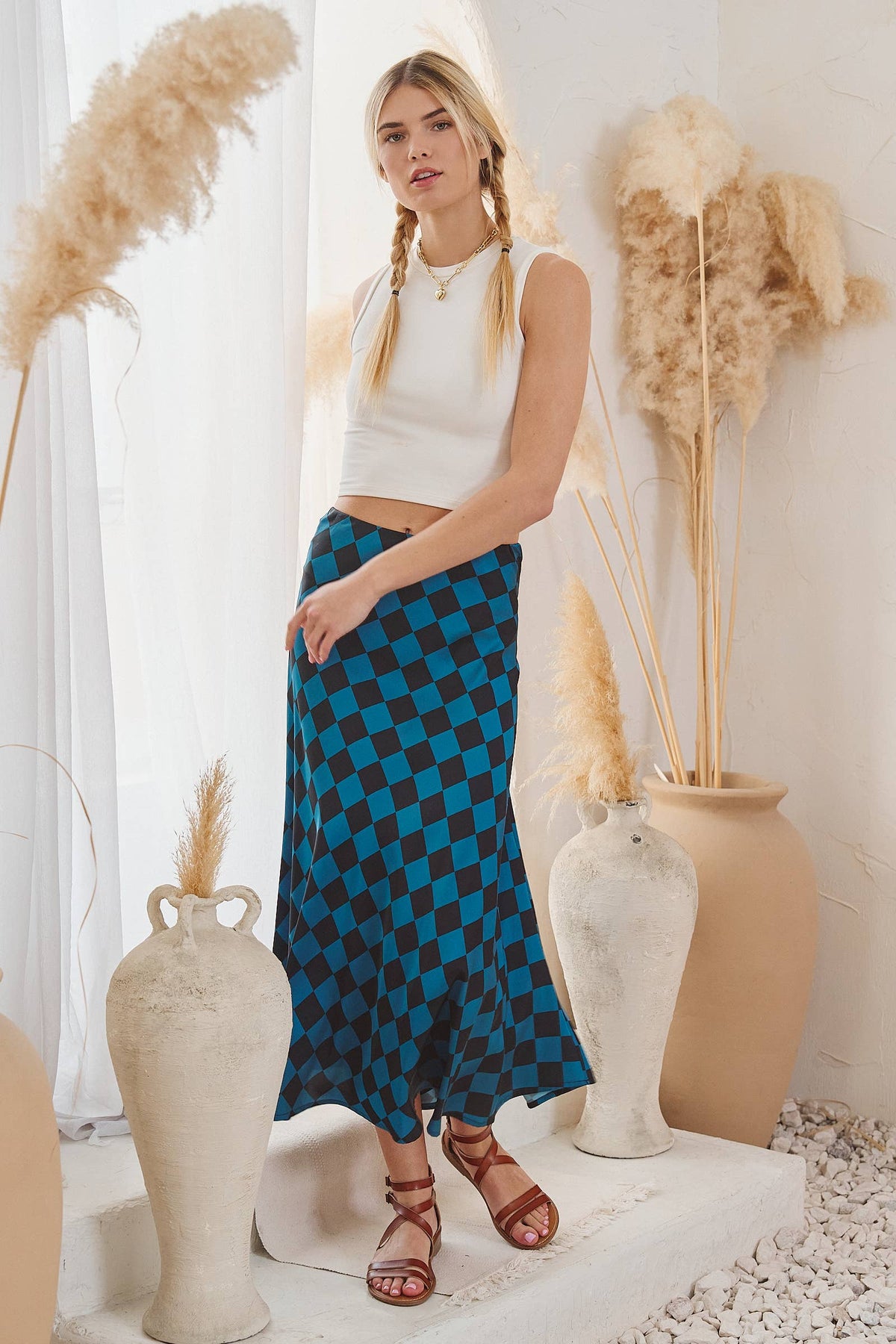 CHECKERED PRINT MIDI SKIRT: TEAL