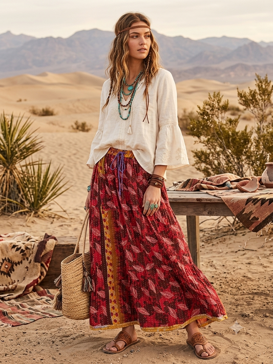 Robin Women's Reversible 2-Layer Floral Kantha Cotton Pocket Skirt One Size Fits A Small to XXL 4-16