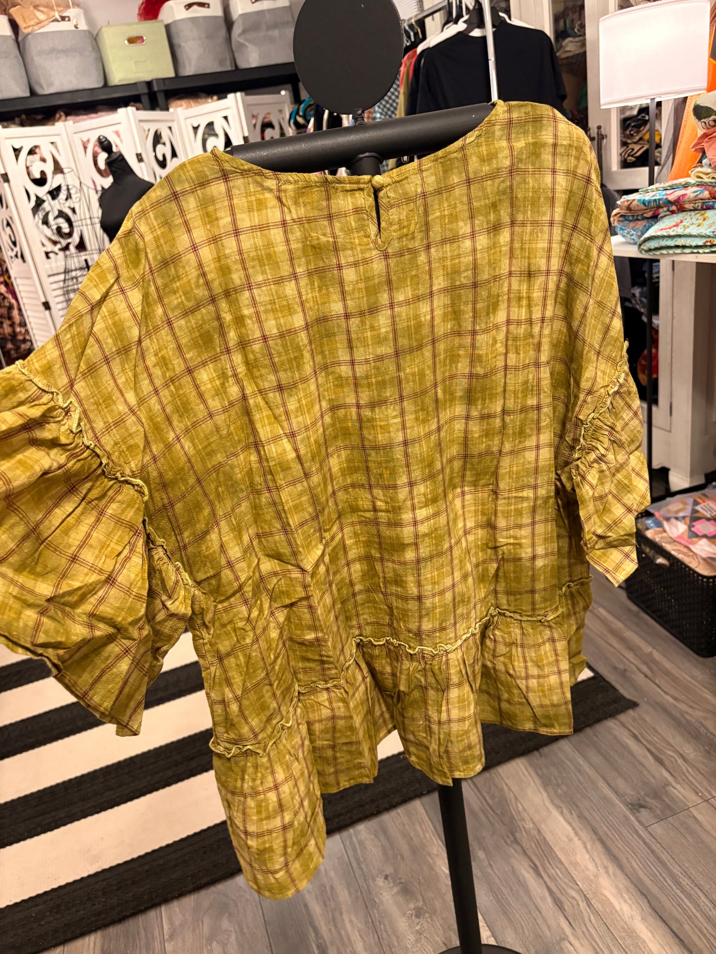 Green Plaid Ruffle Top 1X