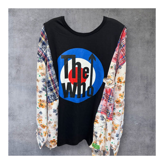 Who? Upcycled Frayed Patchwork Tee One Size Fits A Small to XXL Oversized