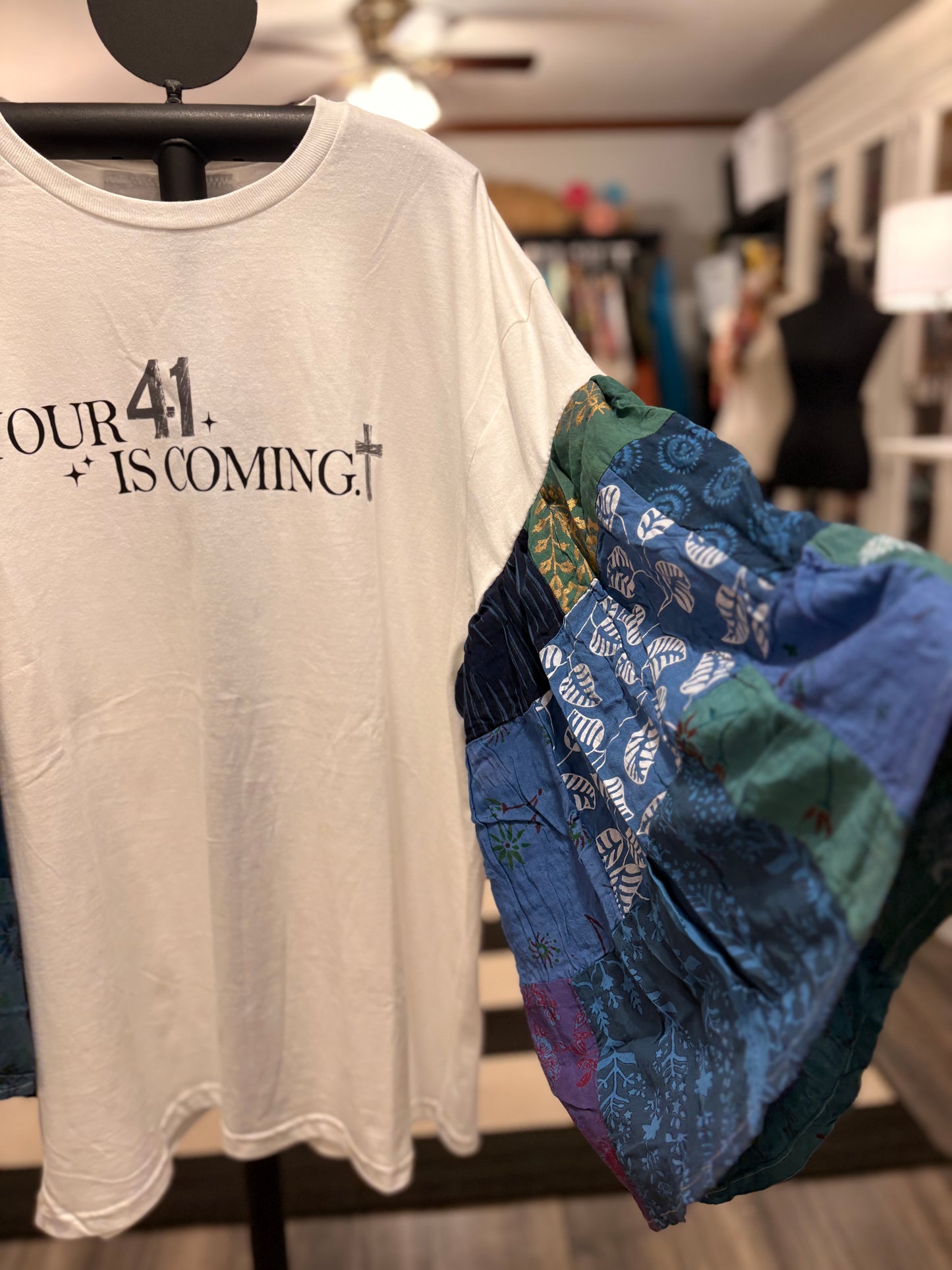 Your 41 is Coming Flare Patchwork Sleeve Tee Fits a Small to XL