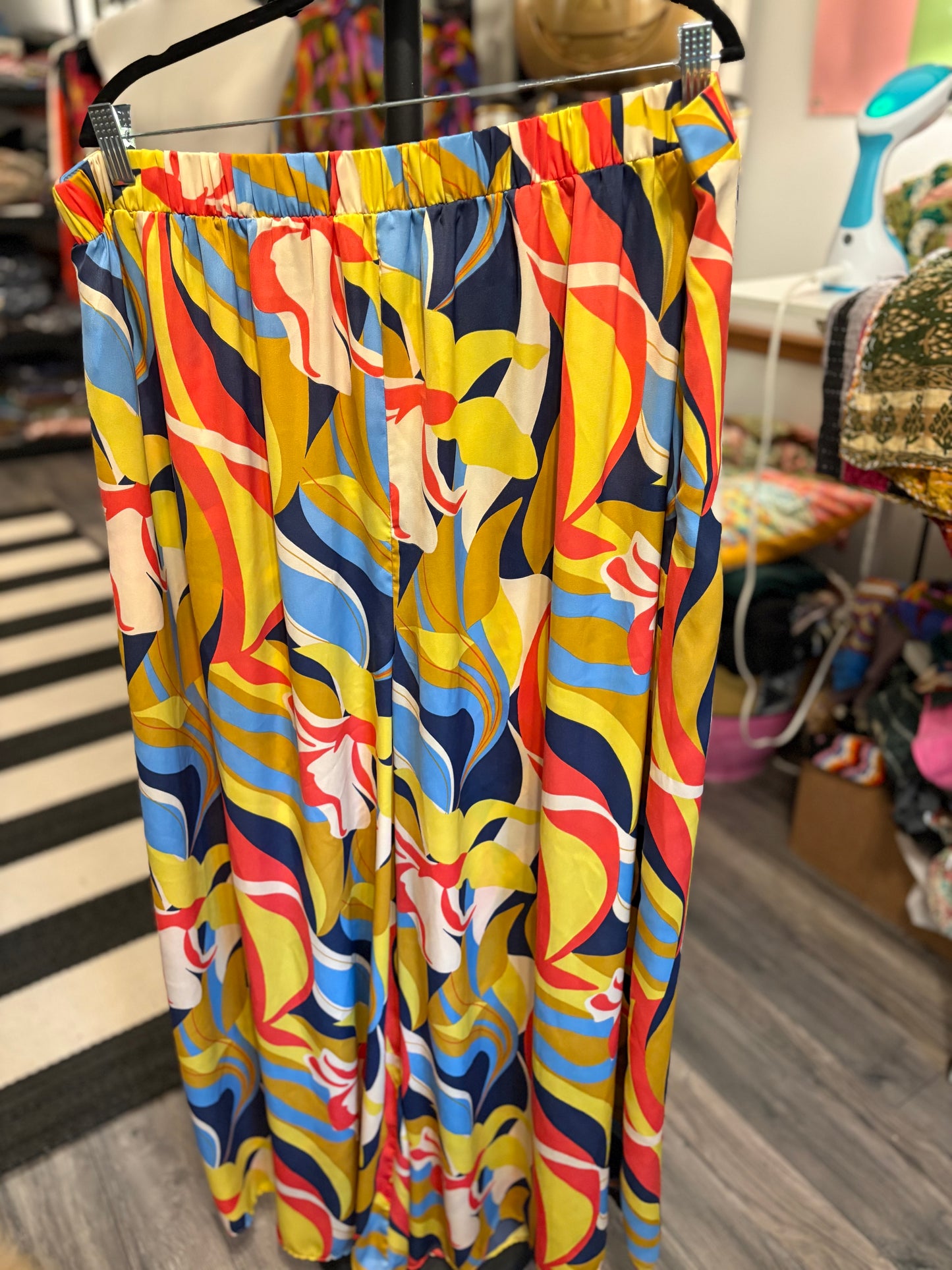 Easel Mirabelle Blue Mustard Satin Pants Plus Size