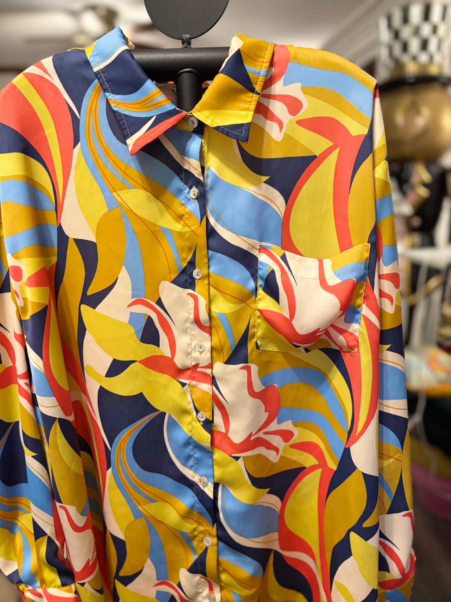 Easel Mirabelle Blue Mustard Satin Blouse Plus Size