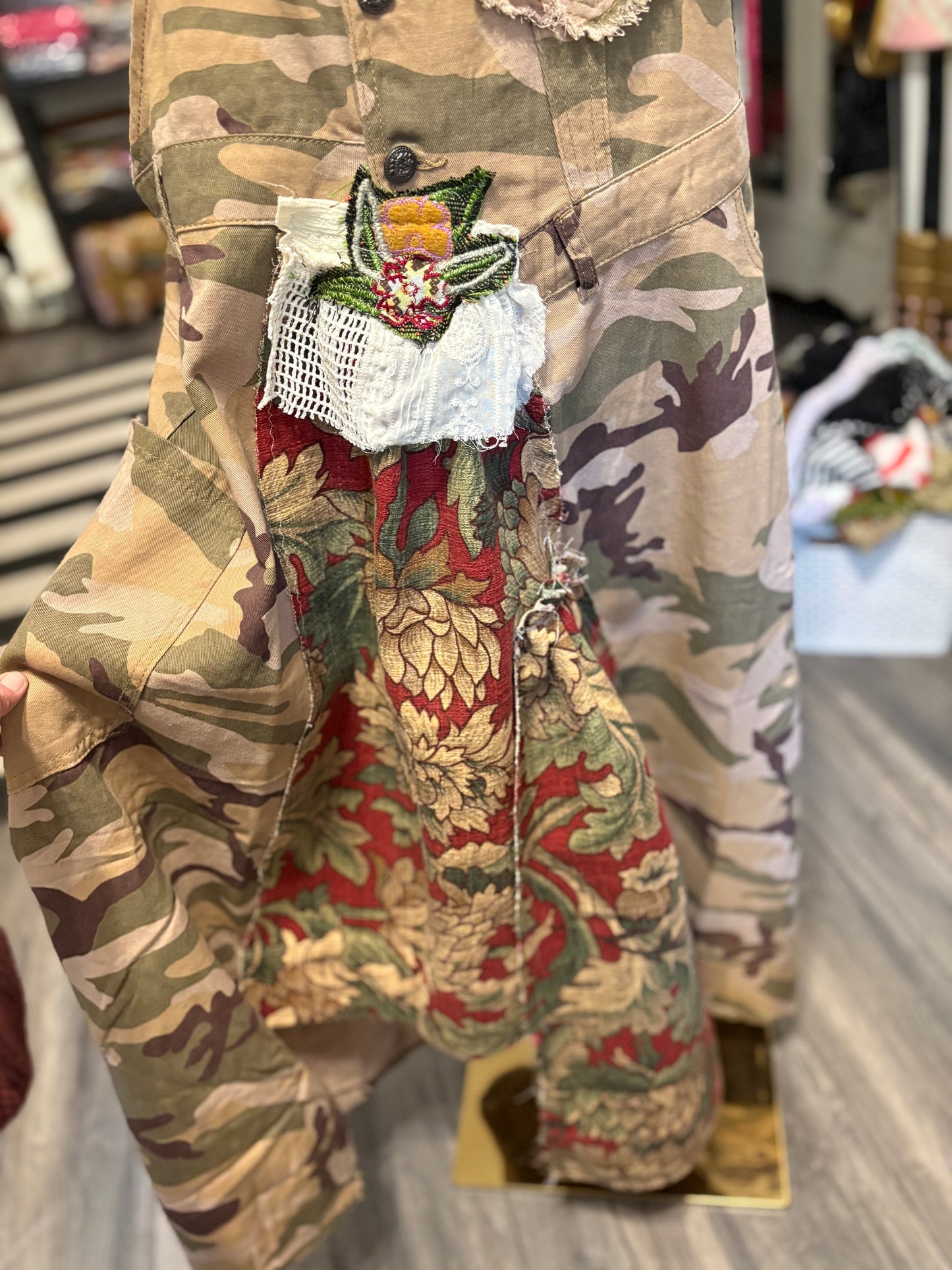 Floral Camo Upcycled Patchwork Overall Dress One Size Fits a Small to XL