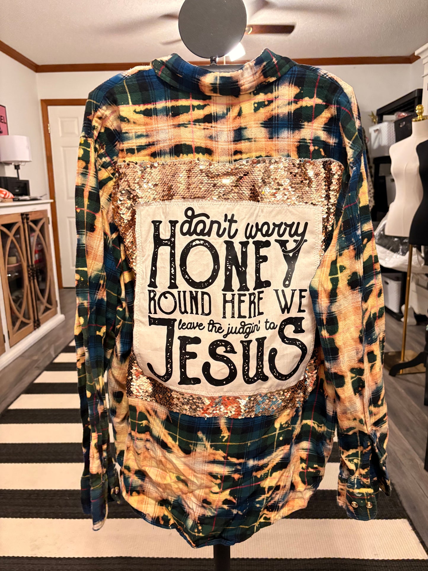 Honey Jesus Flashy Flannel with Sequin Panel Small to XL 4-16