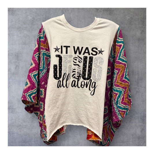 It Was Jesus Upcycled Vintage Kantha Quilt Poncho Tee One Size Fits a Small to XXL