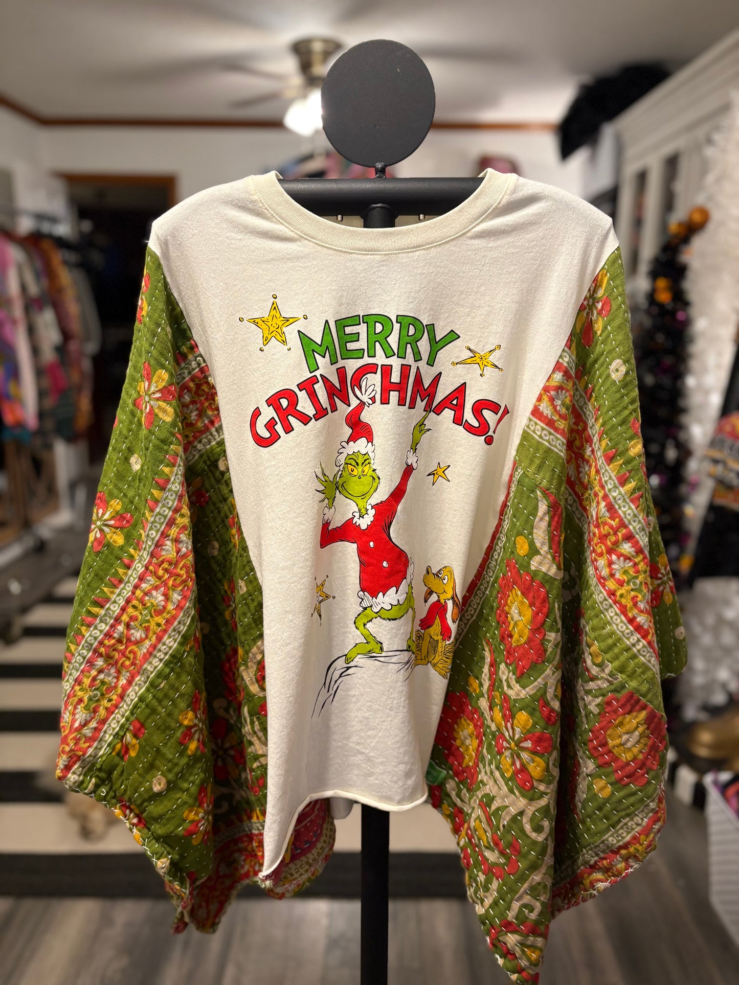 Merry Grinchmas Vintage Kantha Quilt Poncho Tee One Size Fits a Small to XXL