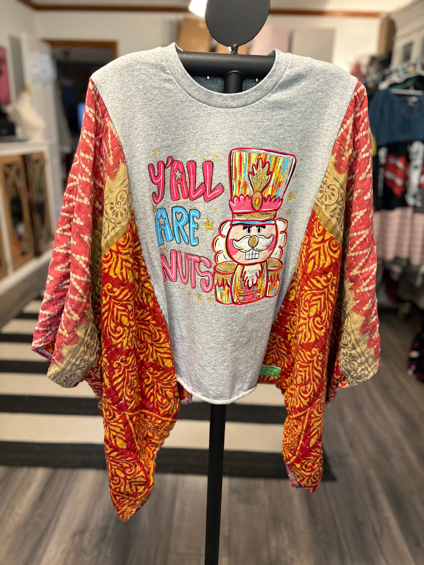 Yall Are Nuts Upcycled Vintage Kantha Poncho Tee Fits A Size Small to XXL