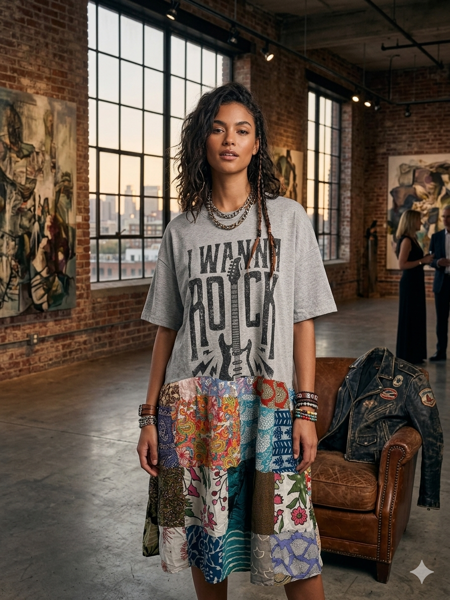 I Wanna Rock Upcycled Vintage Patchwork Tee Dress Fits a Small to XL