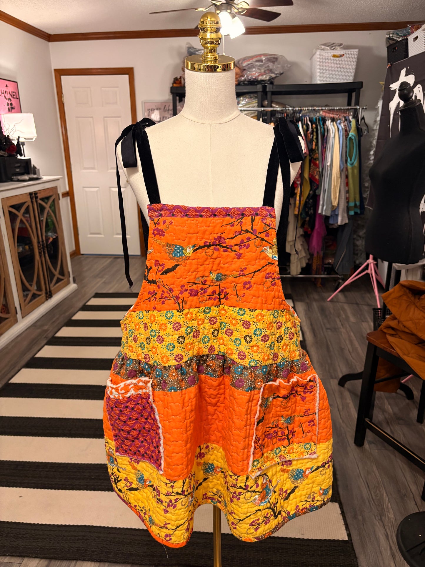 Mandarin Day Upcycled Quilt Art Smock with Pockets One Size Fits a Small to XL Oversized!