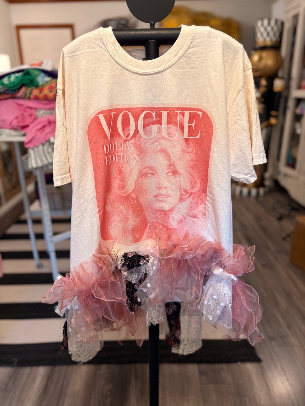 Vogue Dolly Hi/Lo Glam Fringe Asymmetrical Tee One Size Fits Small to Large