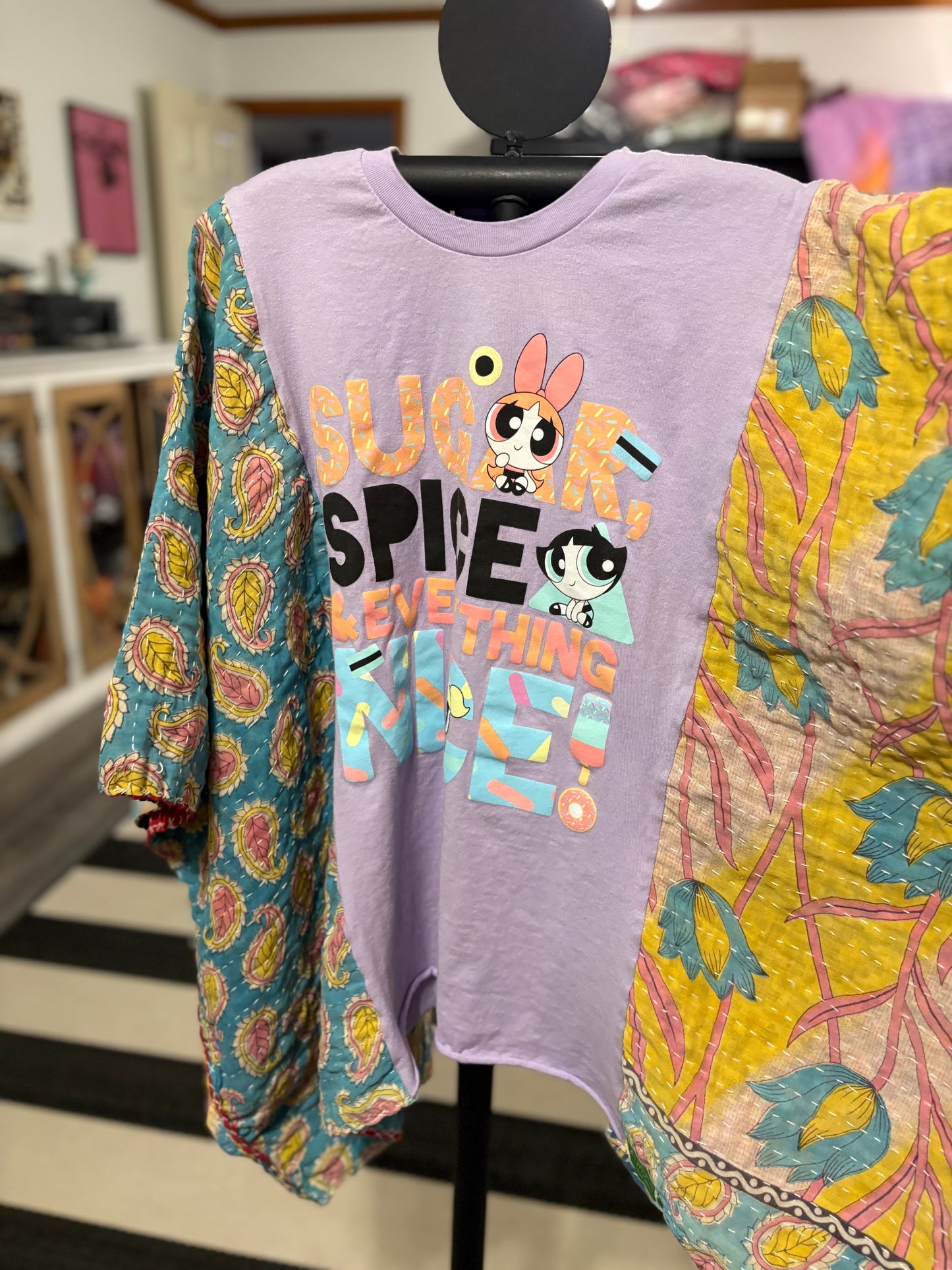 Power Puff Upcycled Vintage Kantha Poncho Tee Fits A Size Small to XXL