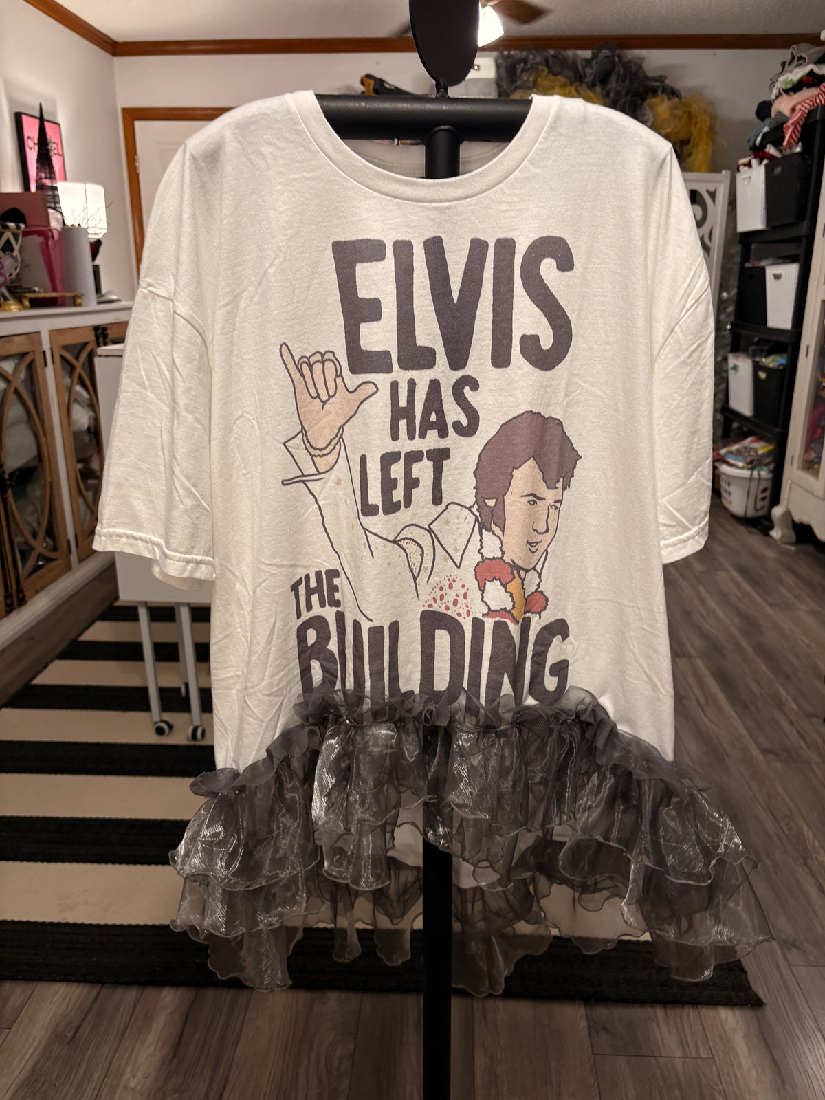 He’s Left The Building Hi/Lo Glam Tee One Size Fits a Small to XXL