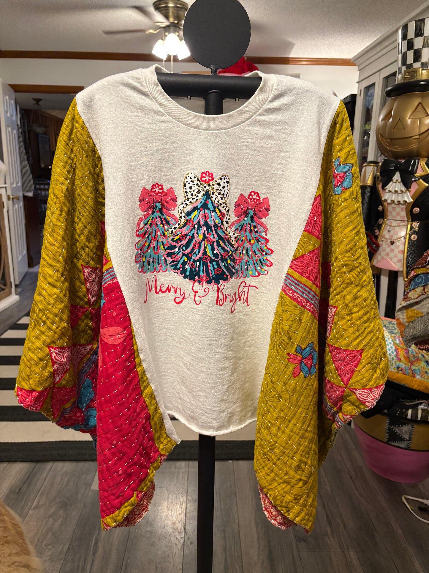 Merry and Bright Upcycled Vintage Kantha Poncho Tee Fits A Size Small to 3X