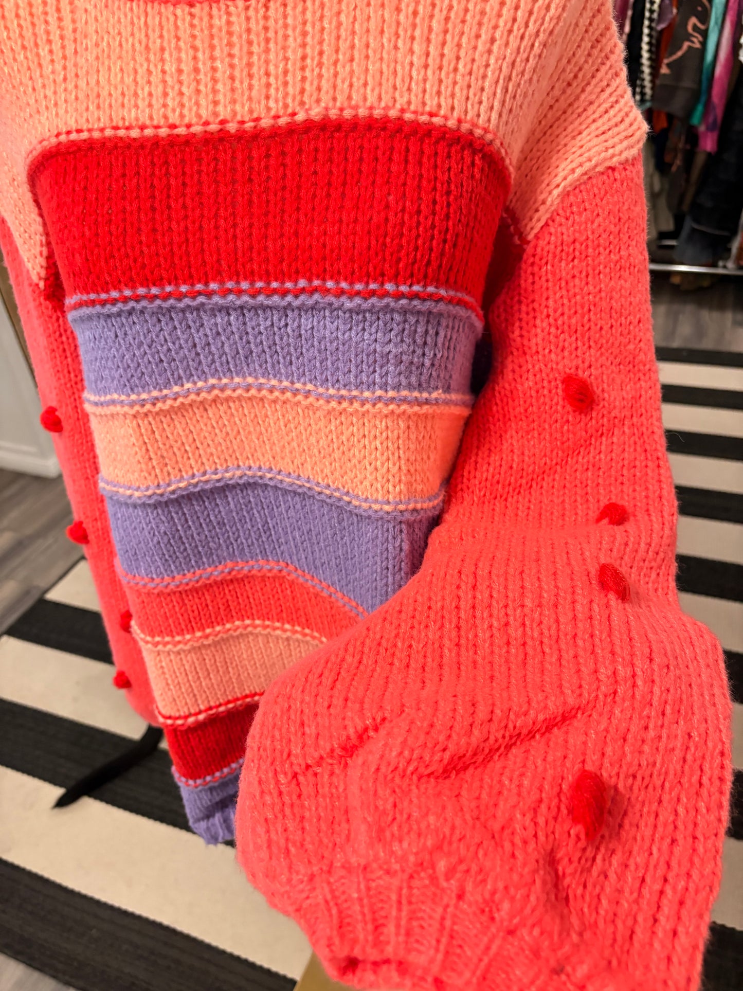 Red Striped Pom Pom Sleeve Sweater