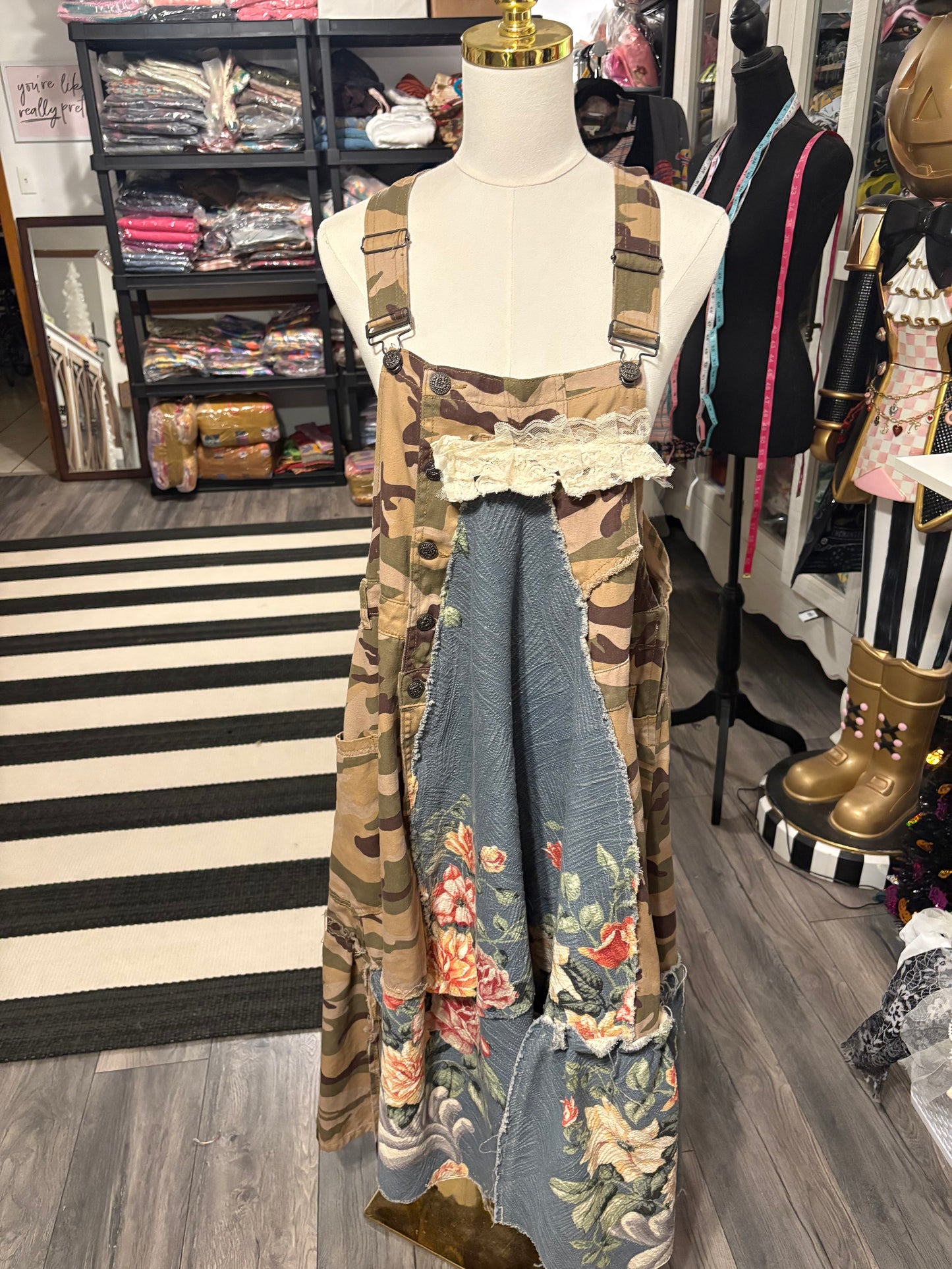 Classy Camo Upcycled Patchwork Overall Dress One Size Fits a Small to XL