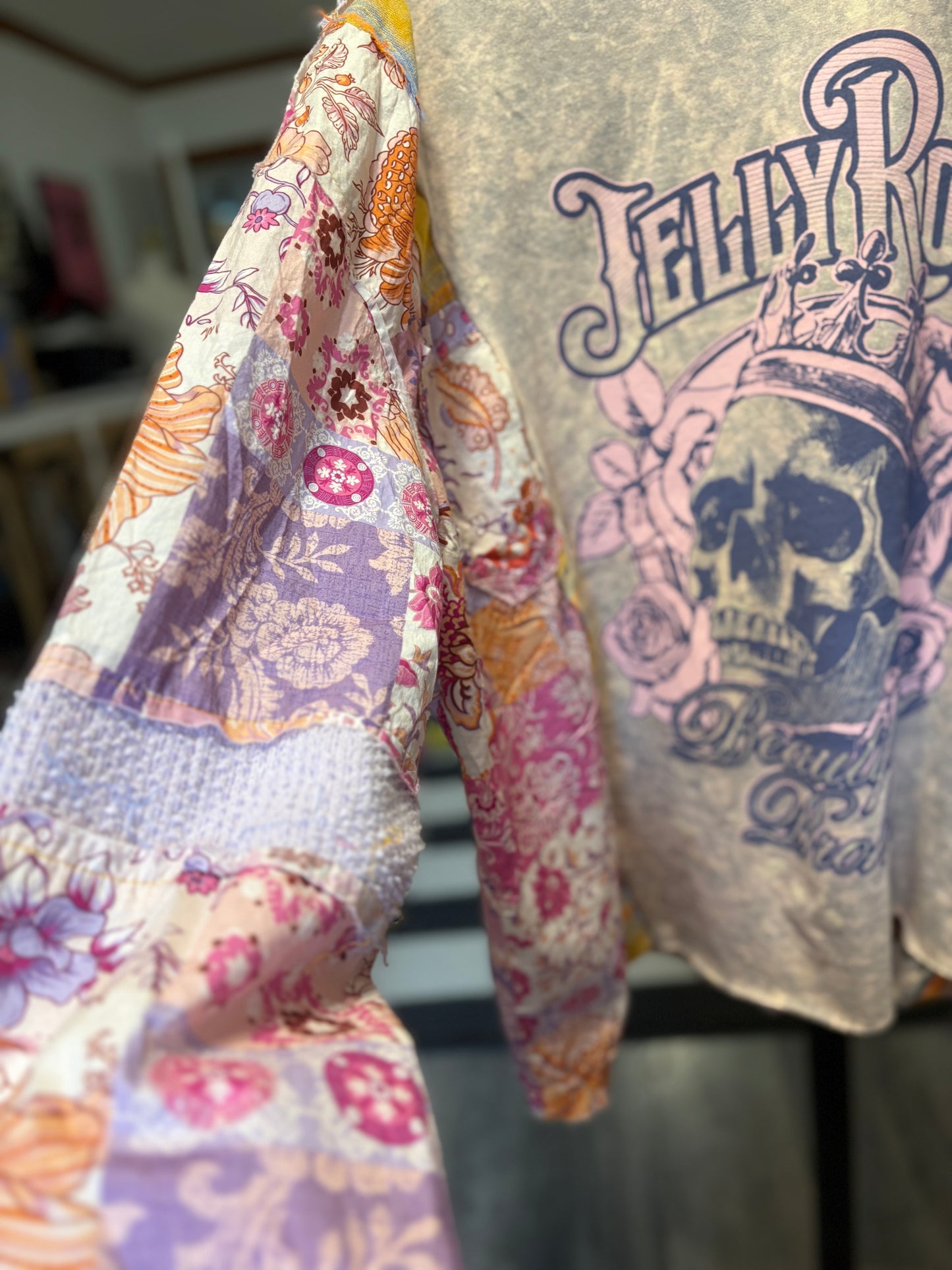 Hard Fought Upcycled Frayed Patchwork Tee One Size Fits a Large to 3X