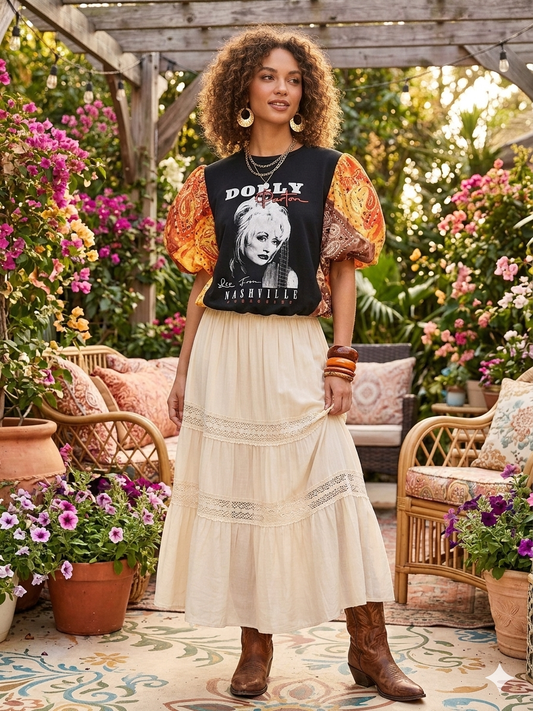 Nashville Dolly Bubble Bandana Sleeve Tee Fits a Small to XXL