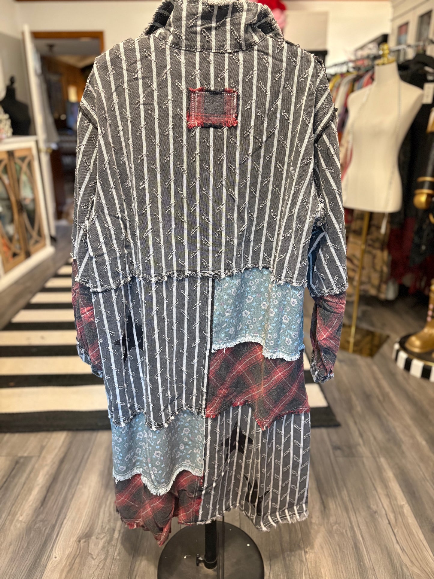 Star patches color block long button down jacket: BLACK STRIPE Medium