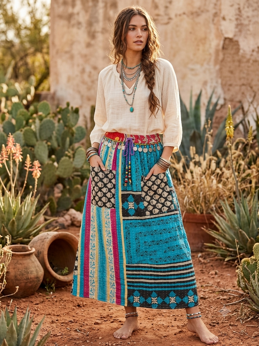 Celia Women Vintage Kantha Quilt Cotton Reversible Skirt One Size Fits Size 4-16