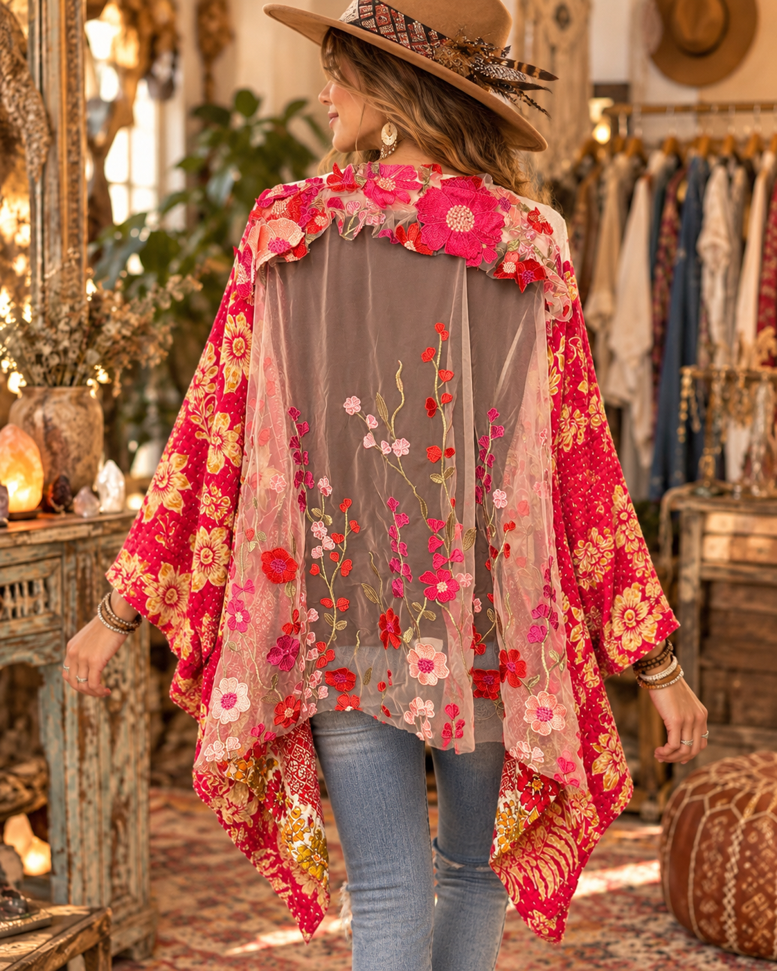Stones and Flowers Vintage Kantha Poncho One Size Fits a Small to XXL