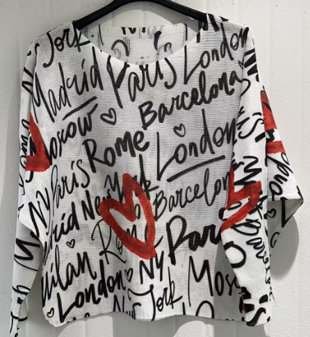 VI546 Heart City Round Knit Printed Sweater LOOWIE