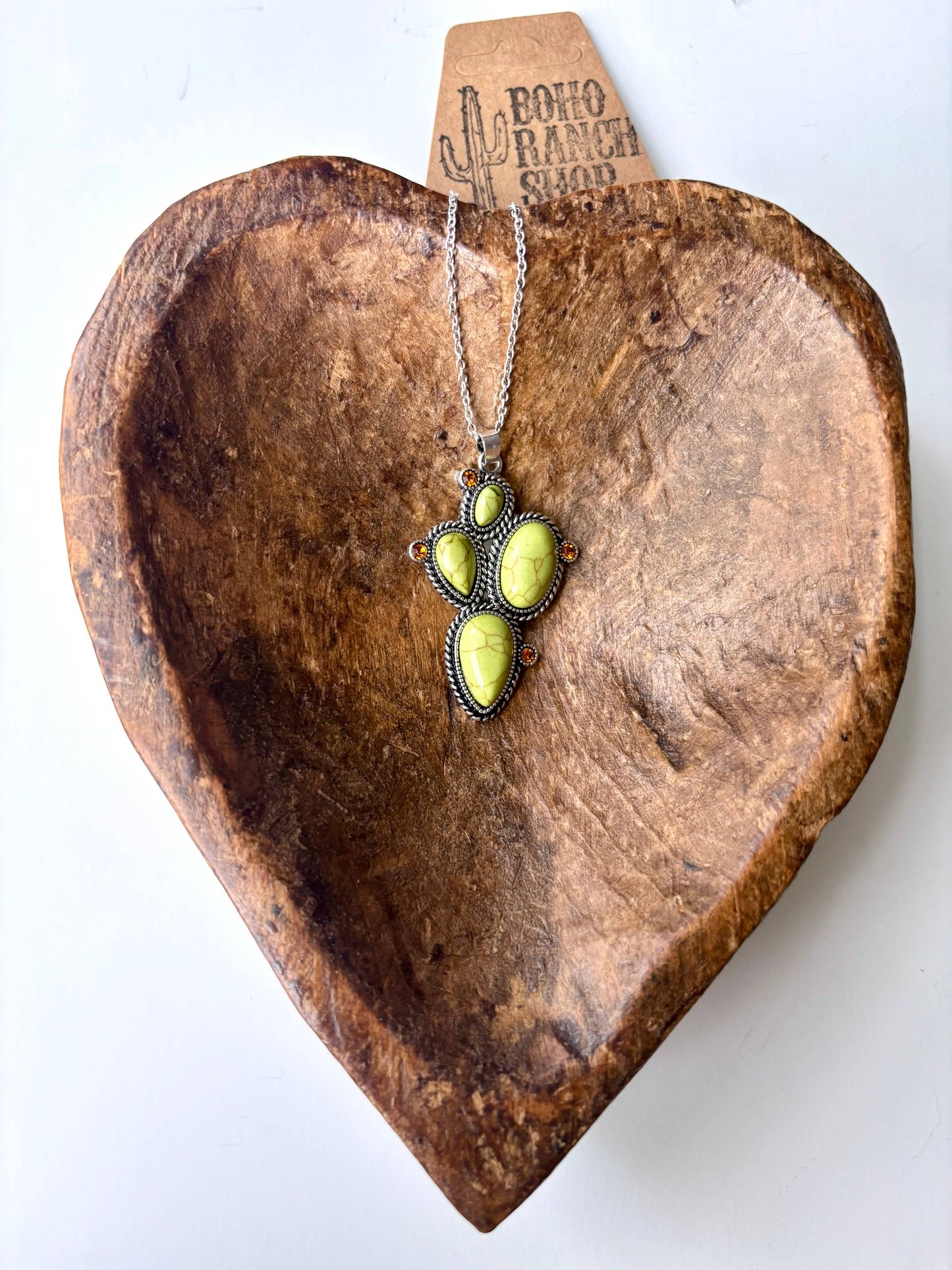 Western Cactus Stone Pendant Necklace: Green