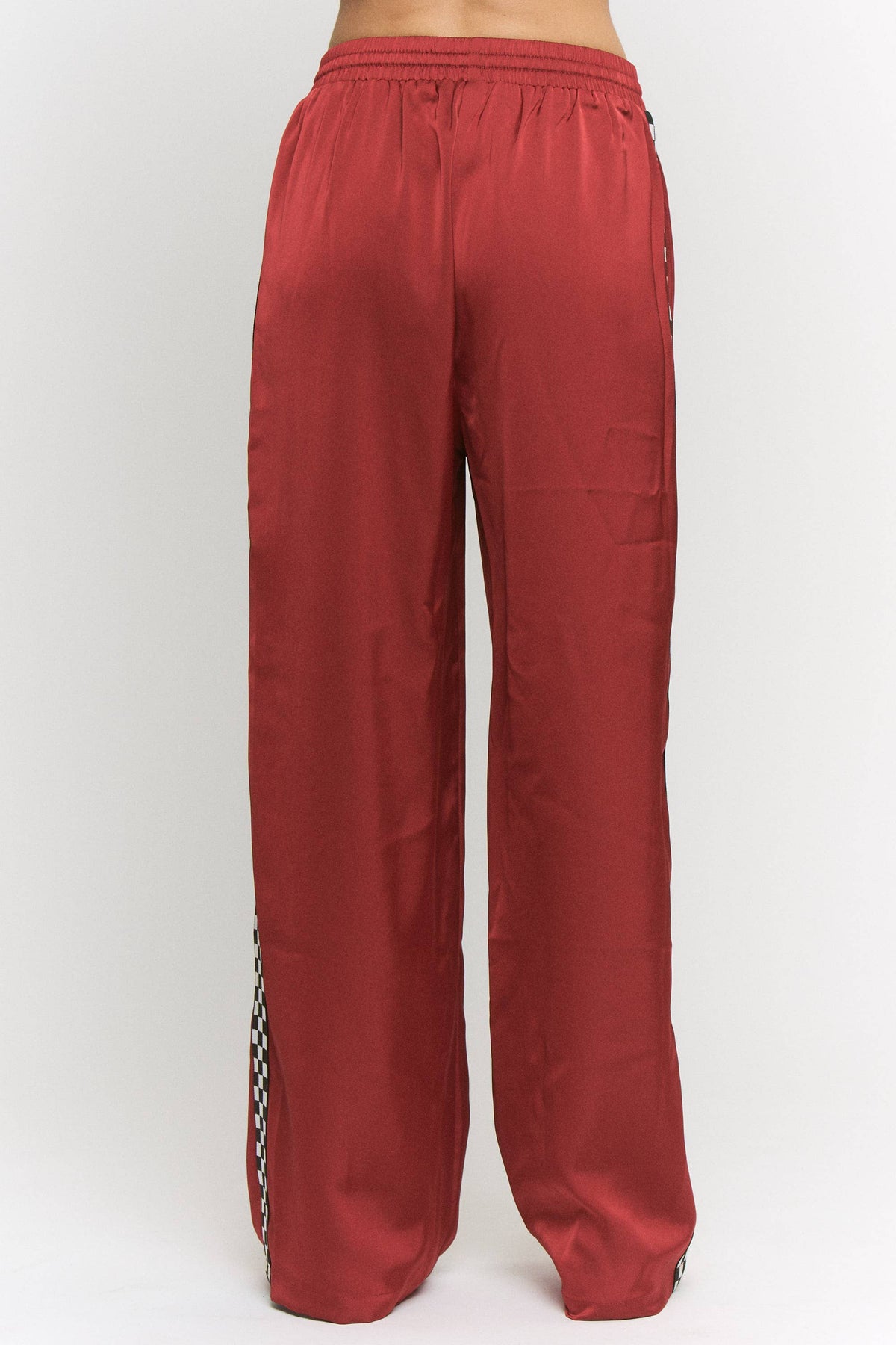 PLUS SIZE SOLID SATIN SWEATPANTS WITH SIDE CHECKERBOARD TAPE: Black