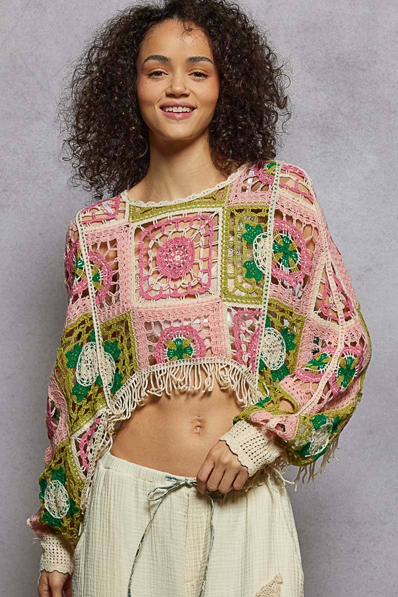 Round neck long sleeve crochet cropped fit top: PINK MULTI / OS