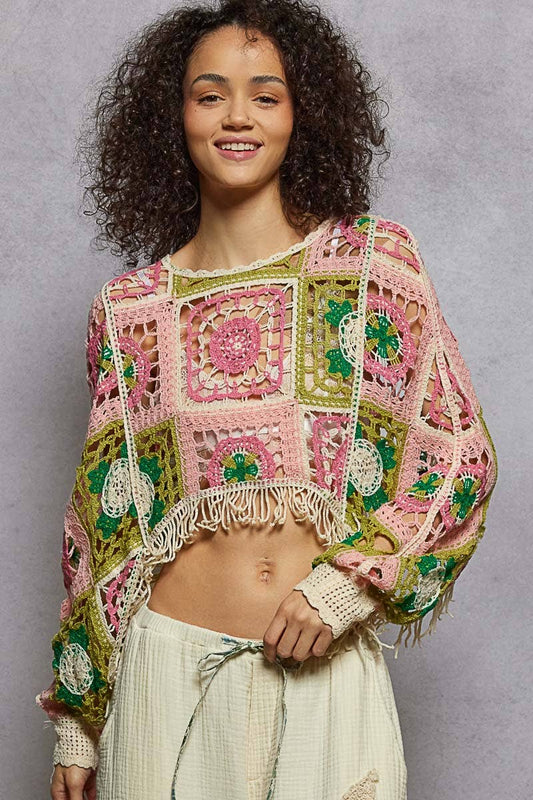 Round neck long sleeve crochet cropped fit top: PINK MULTI / OS