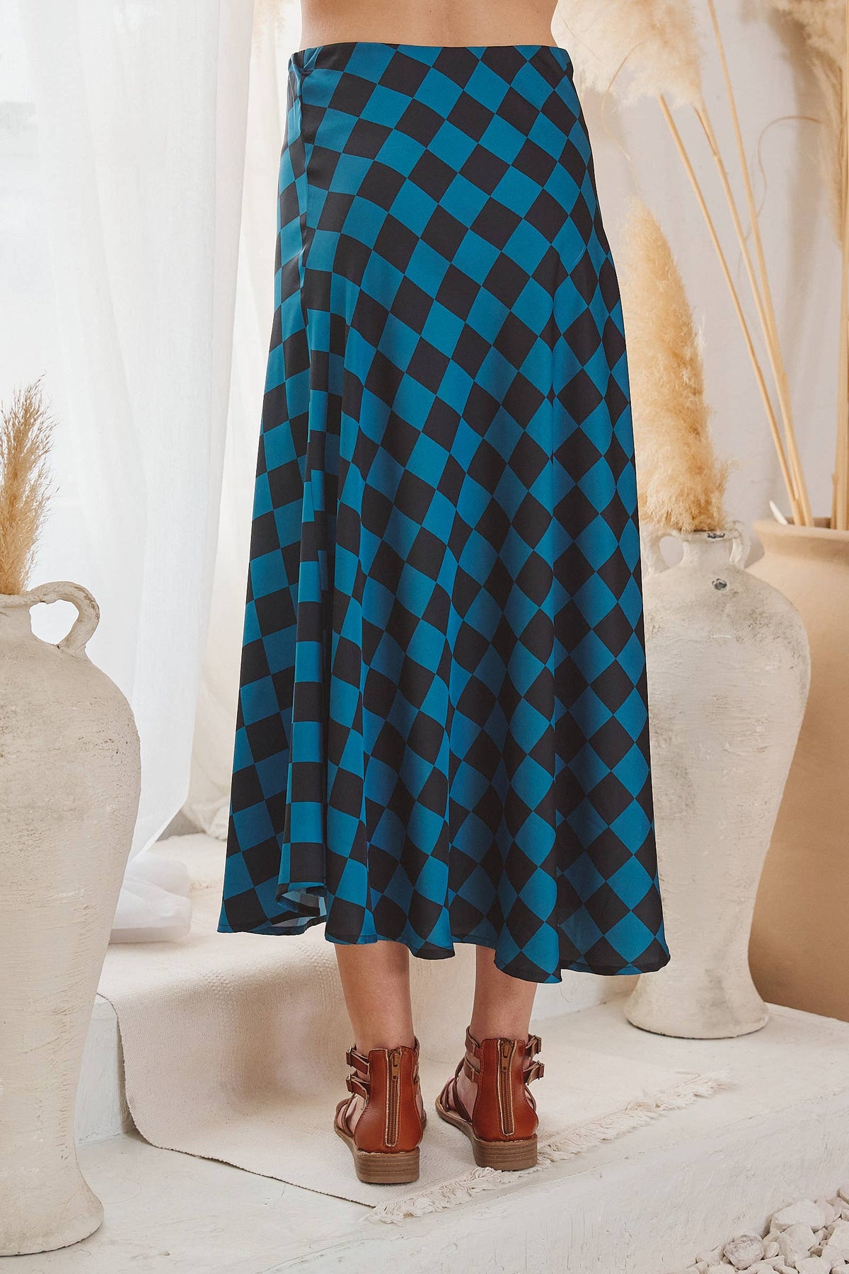 CHECKERED PRINT MIDI SKIRT: TEAL