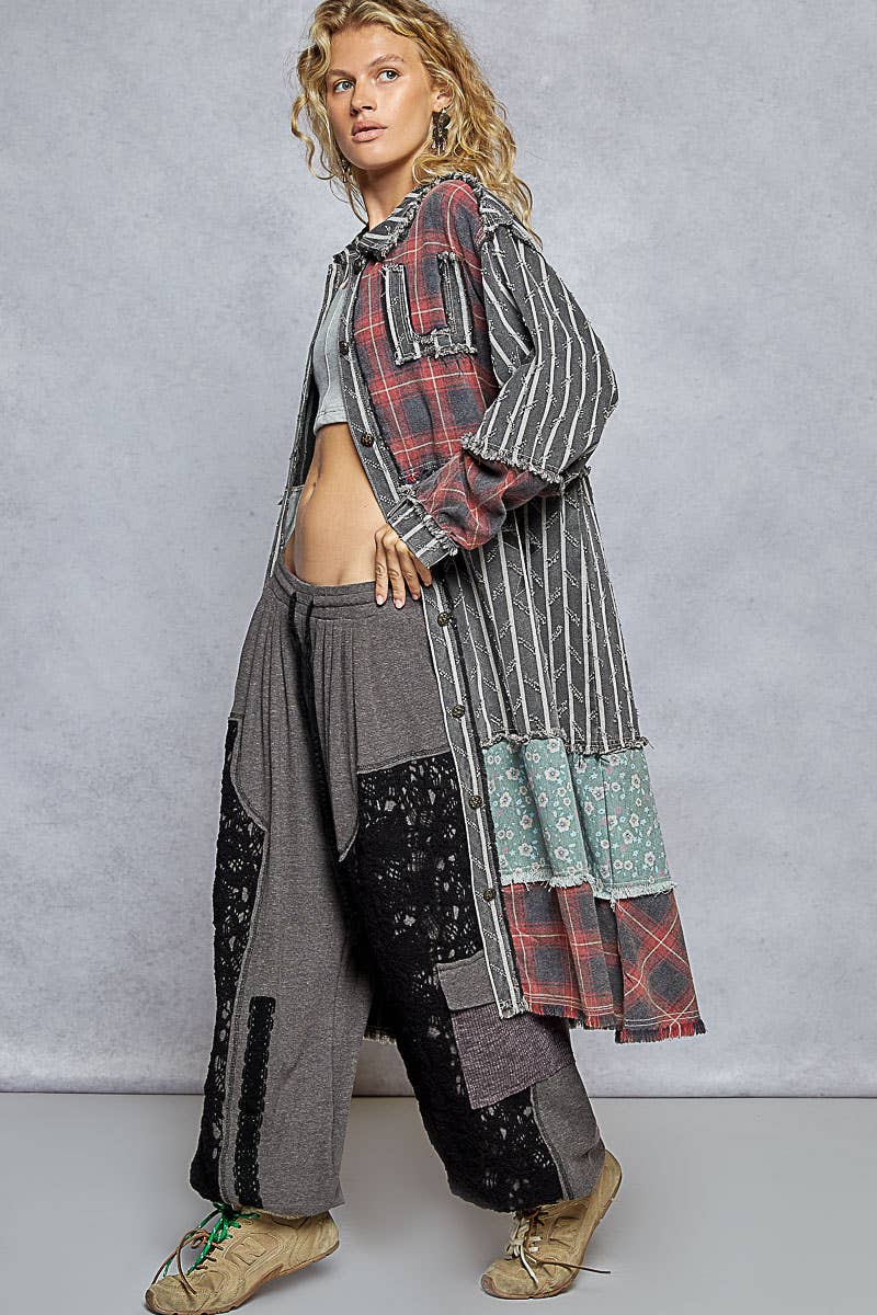 Star patches color block long button down jacket: BLACK STRIPE Medium