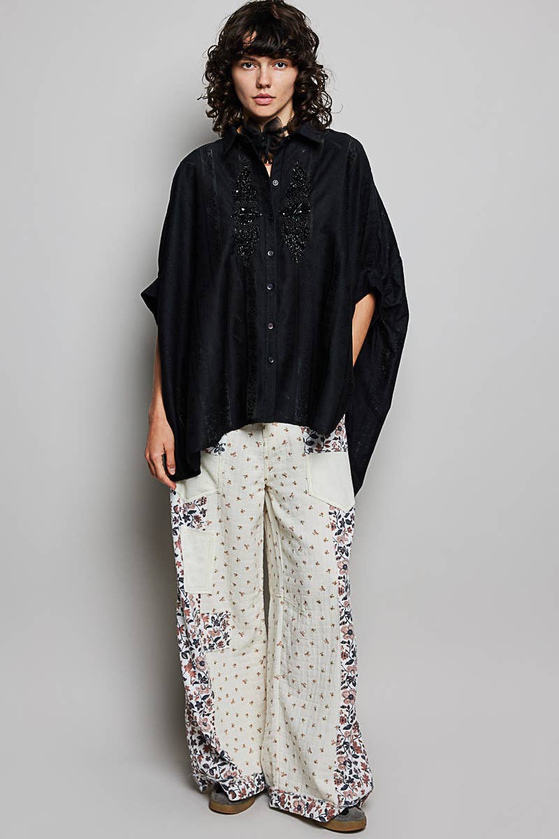 Lace Trim Point Half Sleeve Relaxed Fit Shirt Top: Black / S