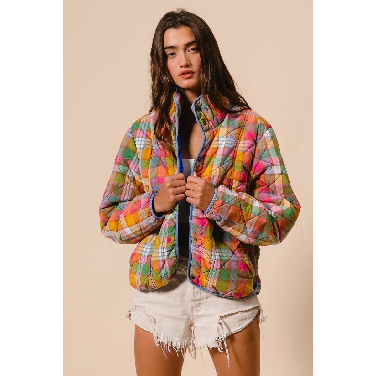 BLEACHED VINTAGE PLAID QUILTED JACKET WITH POCKETS: STAINED GLASS / XL