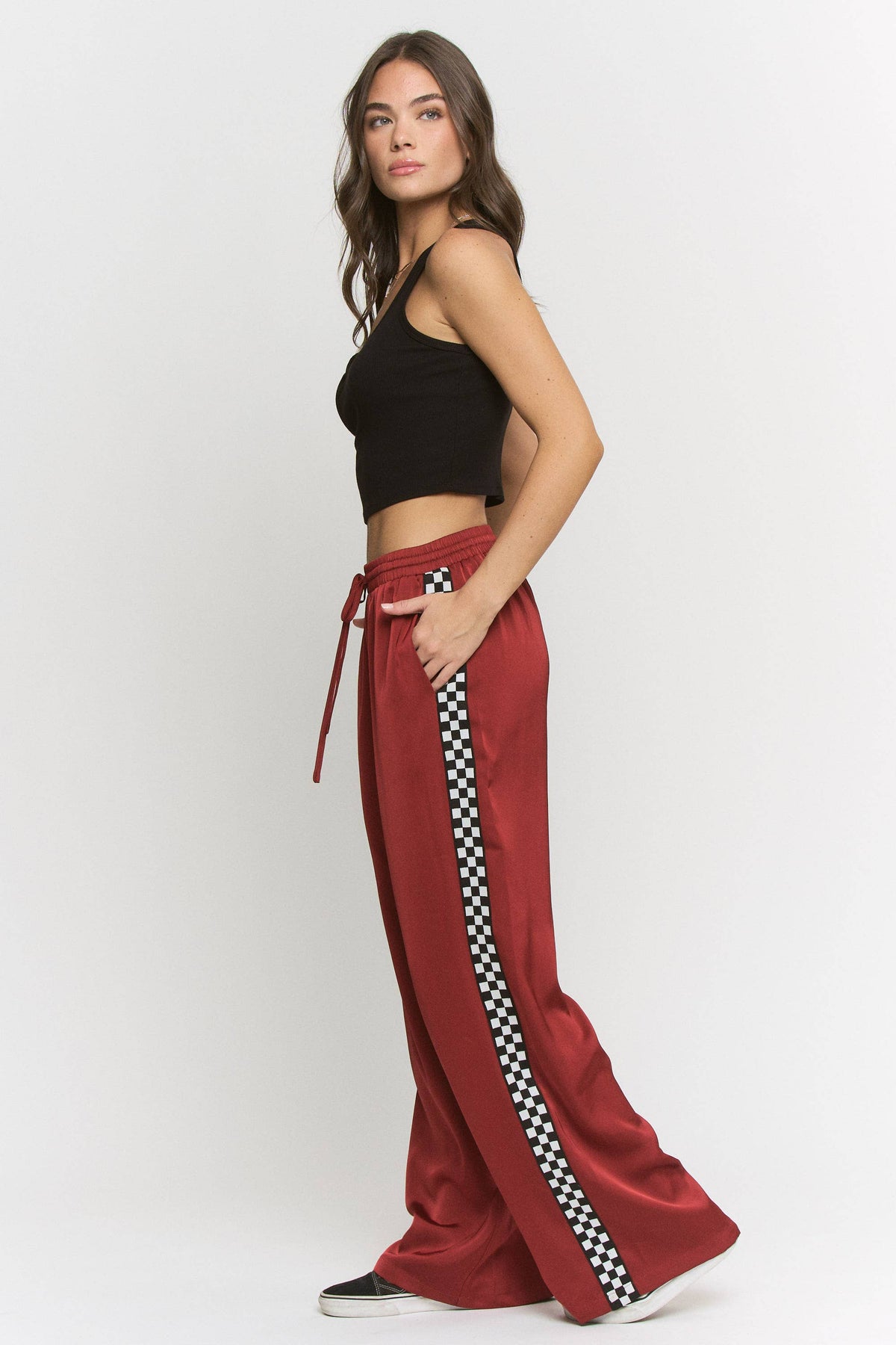 PLUS SIZE SOLID SATIN SWEATPANTS WITH SIDE CHECKERBOARD TAPE: Black