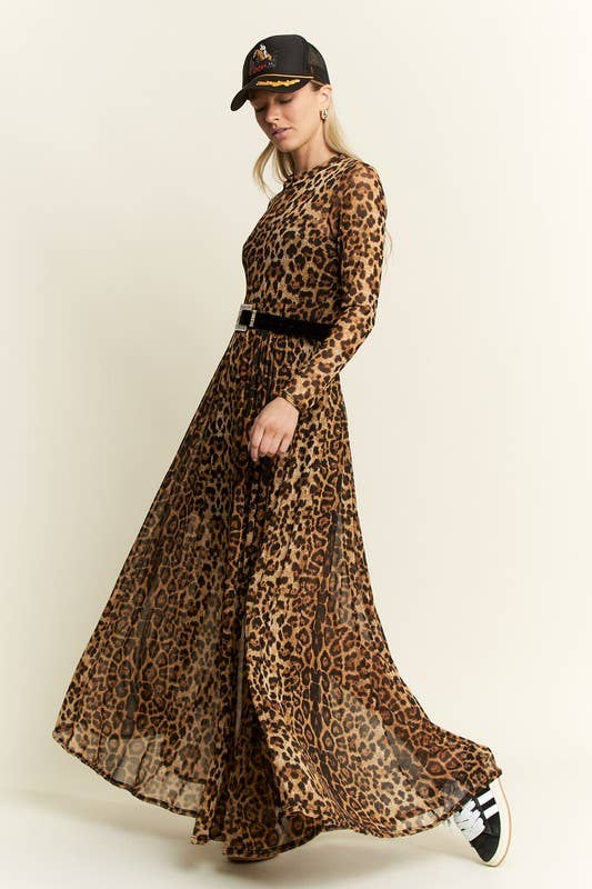 ANIMAL PRINT MESH MOCK DRESS: MOCHA BROWN