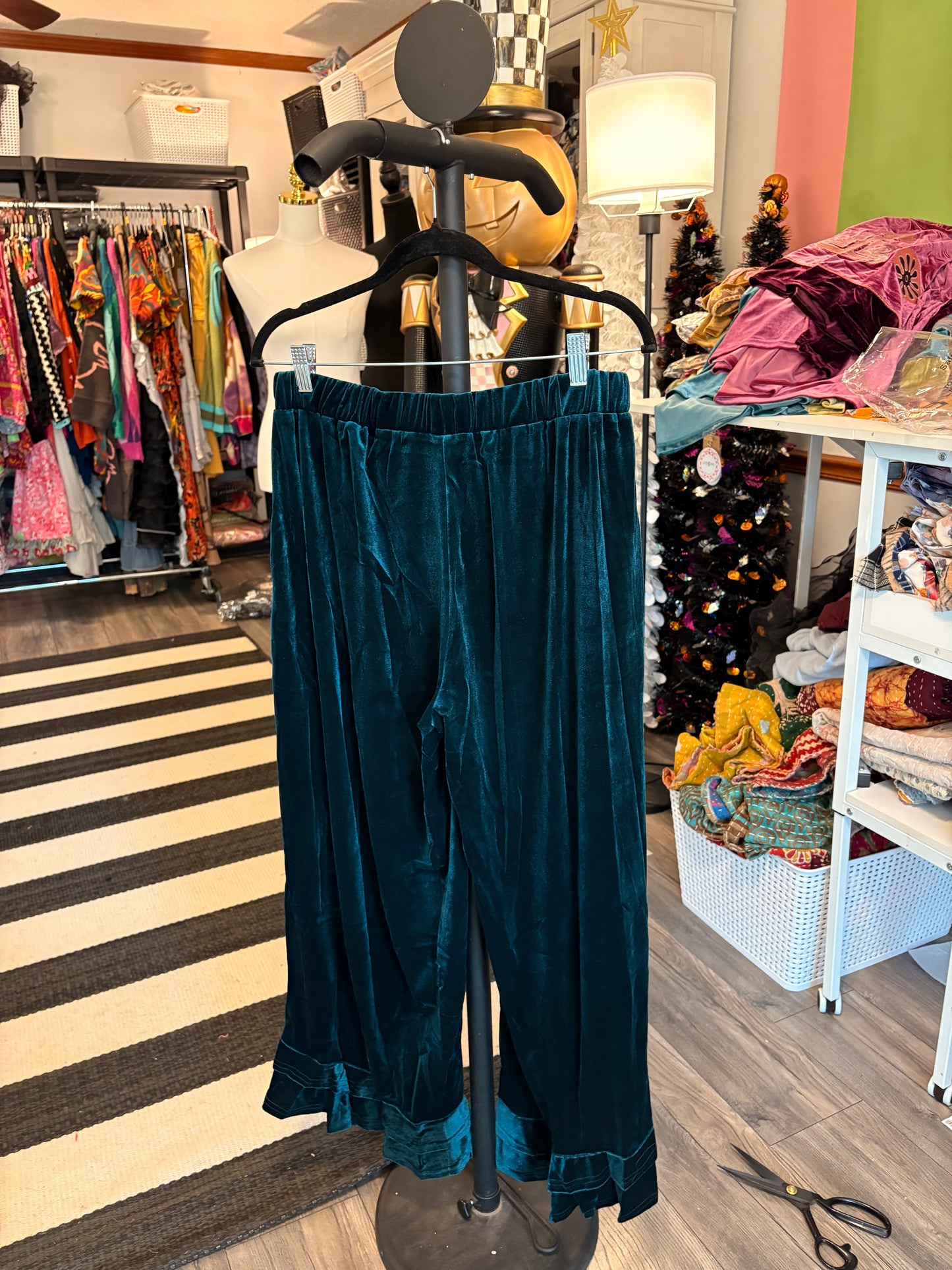 Teal Embroidered Velvet Ruffled Bottom Pants