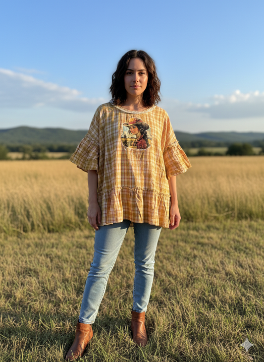Country Girl Upcycled Ruffle Plaid Top OVERSIZED Fits a 1-2X