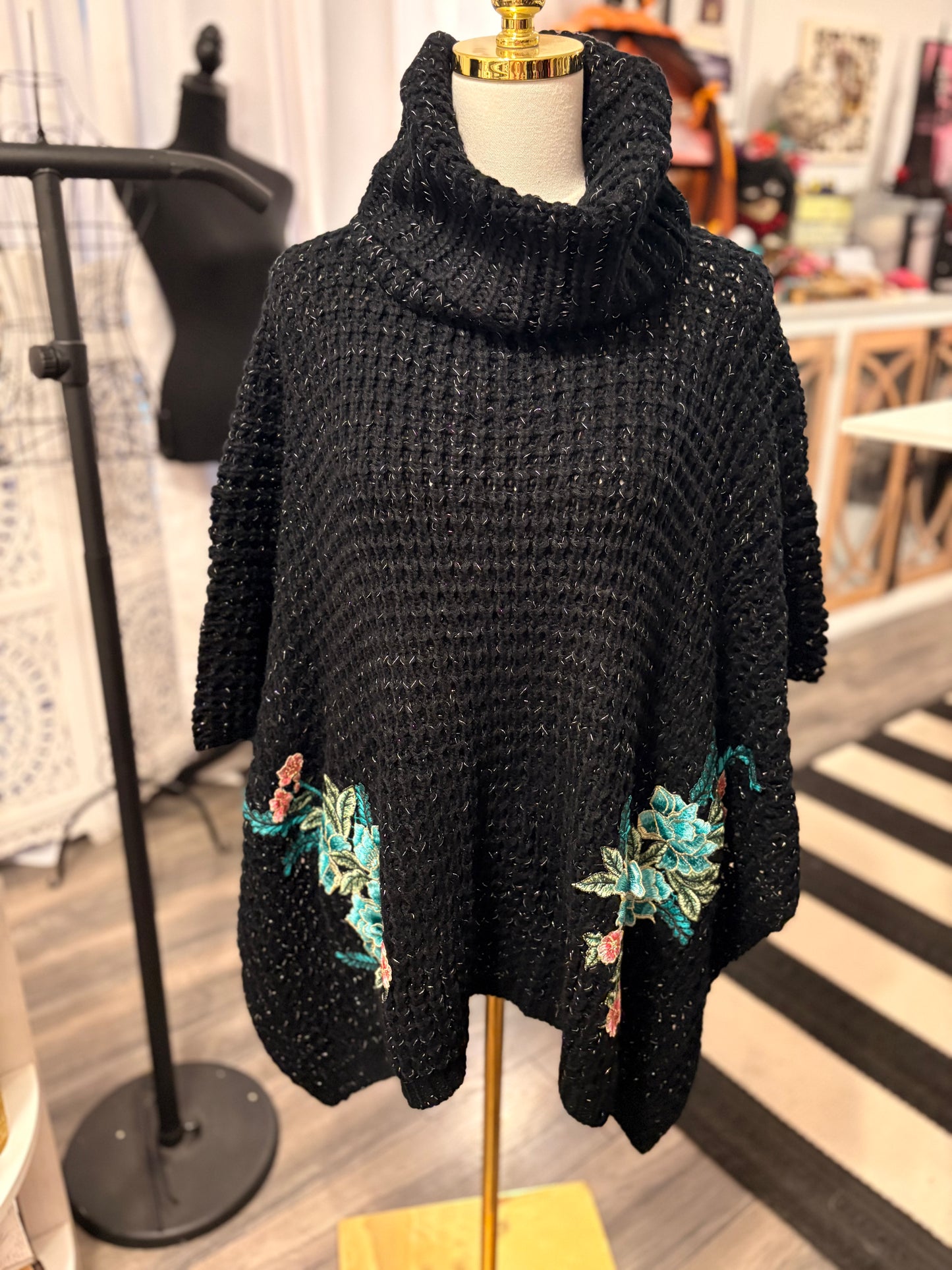 Blue Ivy Hand Embroidered Sweater Poncho by Aratta One Size Fits a Small to 3X