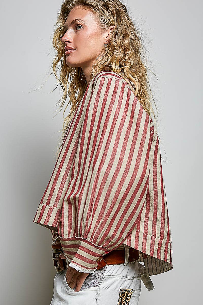 Ruffle Striped Pattern Wood Button Down Cotton Jacket Top: RED MULTI / M
